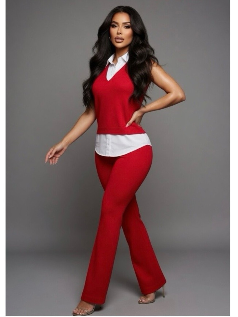 Sleeveless Red Knit Top & Flared Pants Set - Women's Two-Piece
